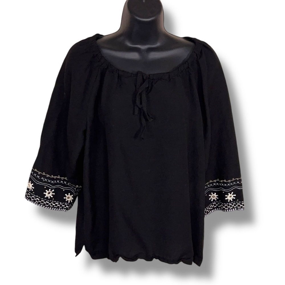 Vintage Size 14 Giorgio Saint Angelo Black Linen Blouse Top Boho Peasant